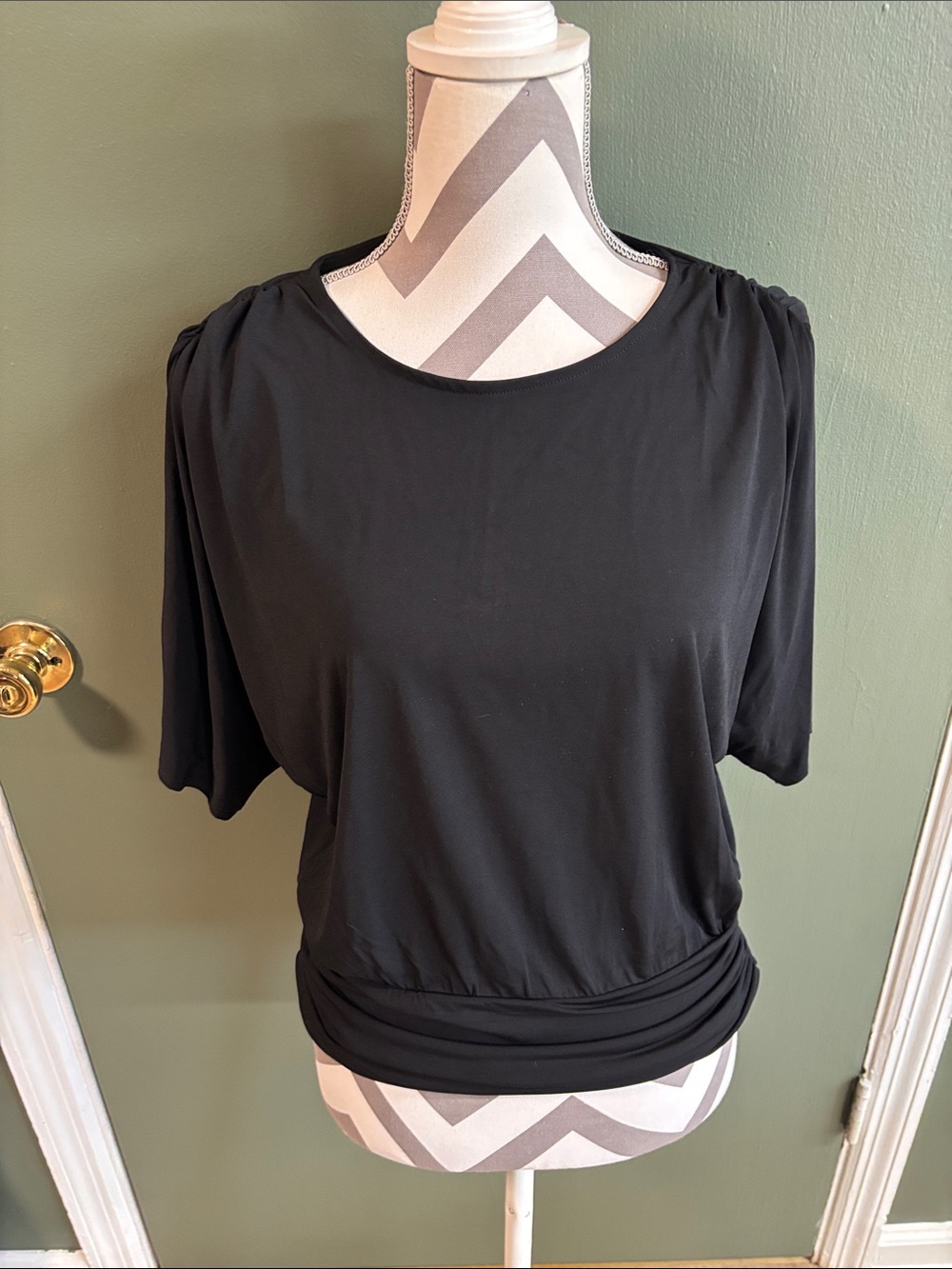 INC International Concepts Black Short Sleeve Blouson Top